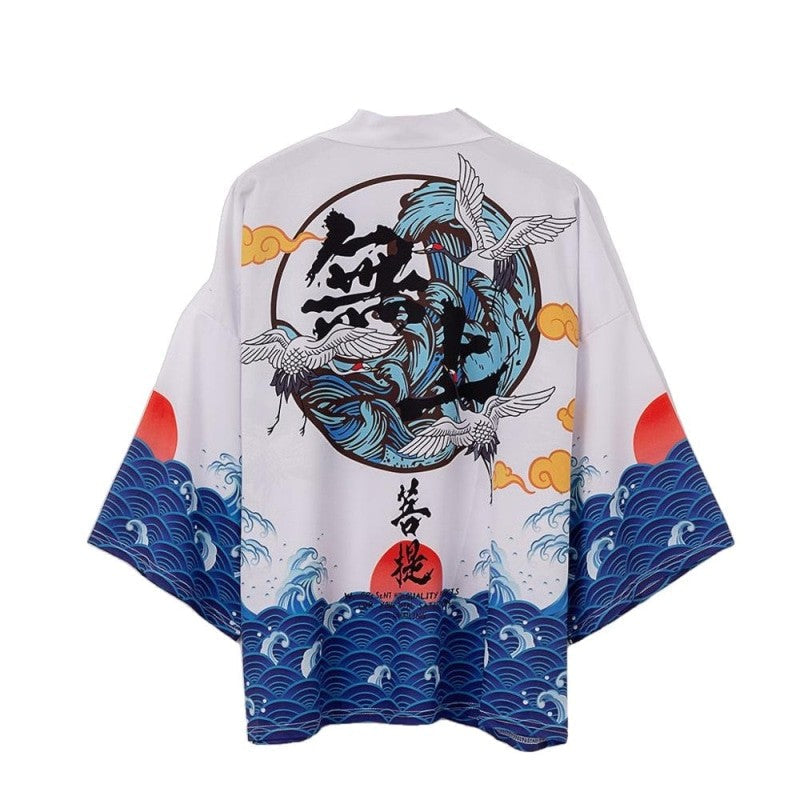 The Great Wave Kanji Crane 3/4 Sleeve Kimono - White / M -