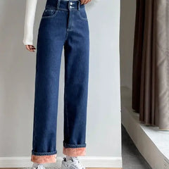 Thick Velvet Jeans Fleece Fashion High Waist Pants - Dark
