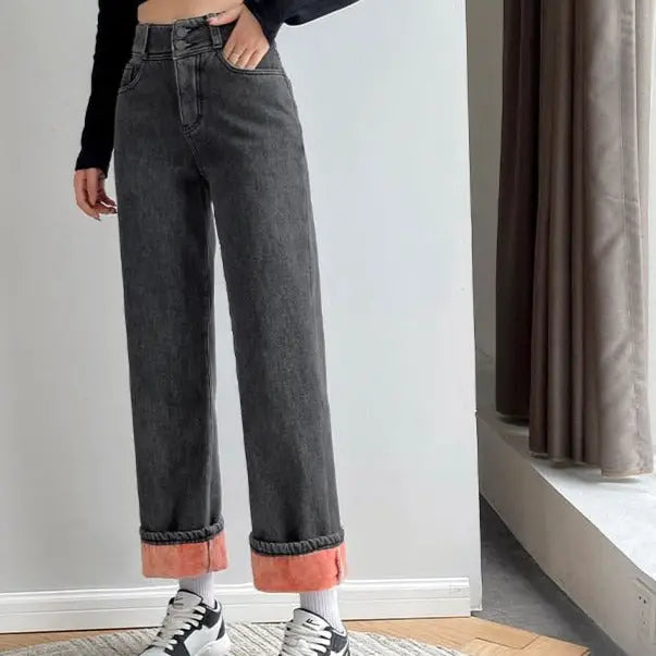 Thick Velvet Jeans Fleece Fashion High Waist Pants - Gray