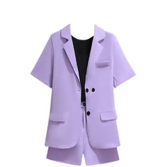 Three Pieces Notched Collar Short Blazer Shirt with High Waist Short