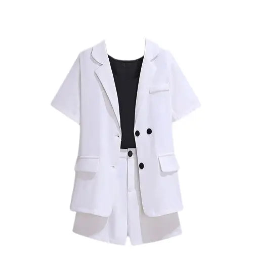 Three Pieces Notched Collar Short Blazer Shirt with High Waist Short