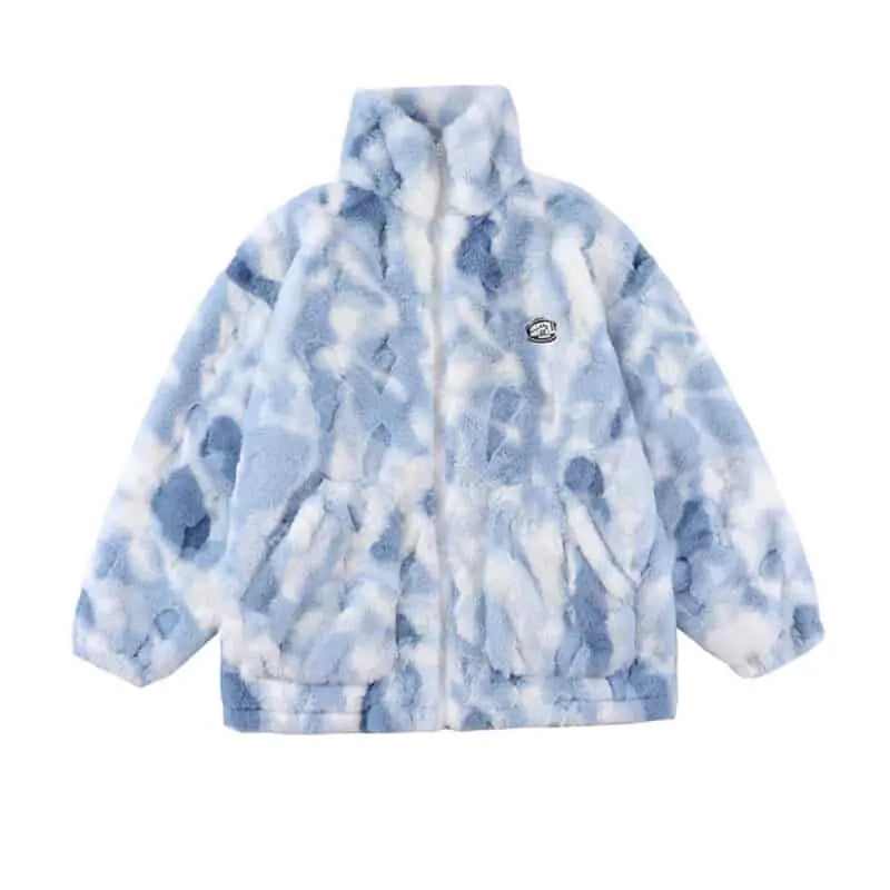 Tie Dye Flannel Zipper Loose Jacket - Blue / XS