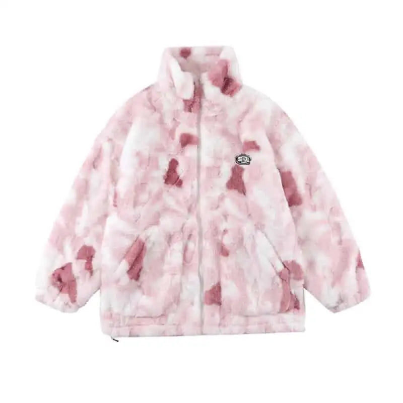 Tie Dye Flannel Zipper Loose Jacket - Pink / XS