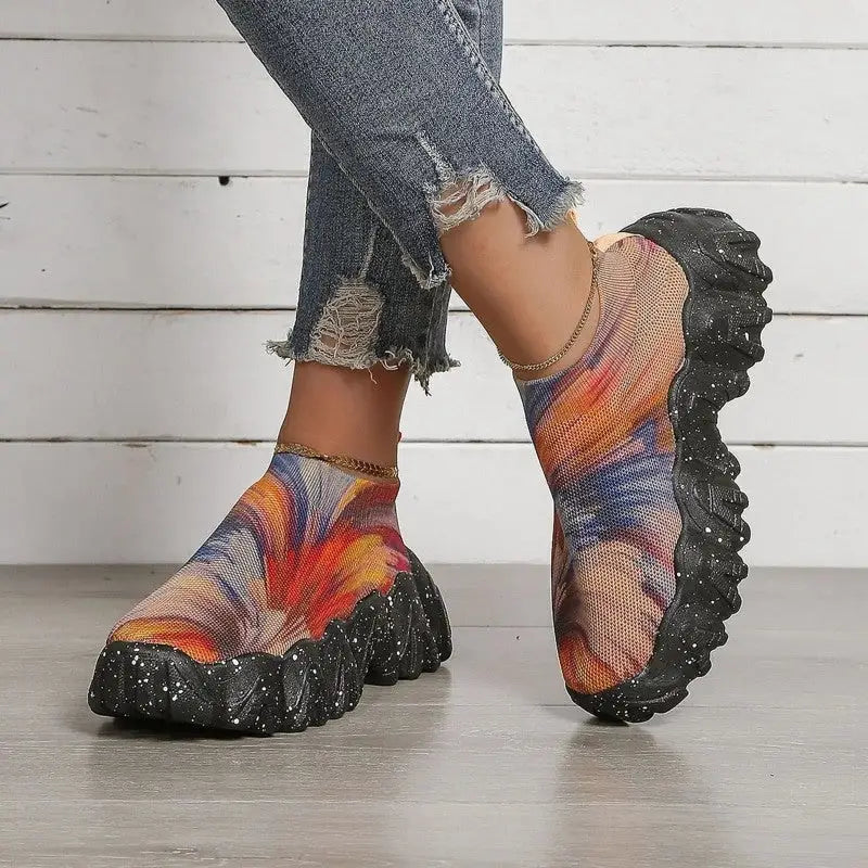 Tie Dye Thick Sole Elastic Mesh Slip On Sneakers