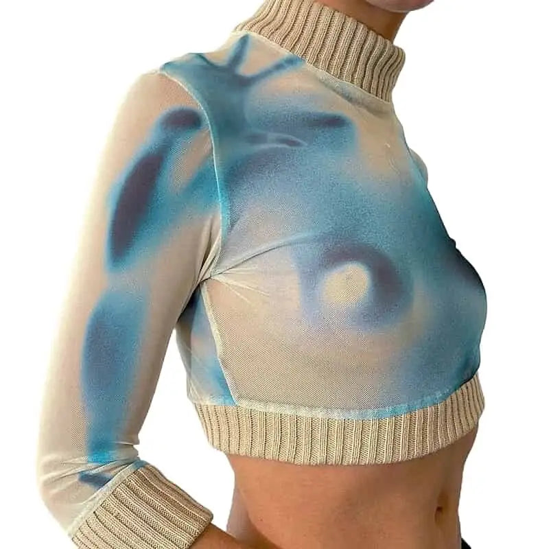 Tie Dyed Knitted Turtleneck Cropped Sweater