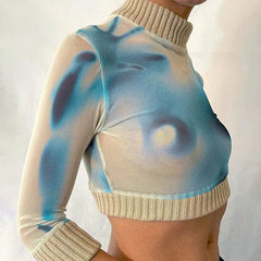 Tie Dyed Knitted Turtleneck Cropped Sweater