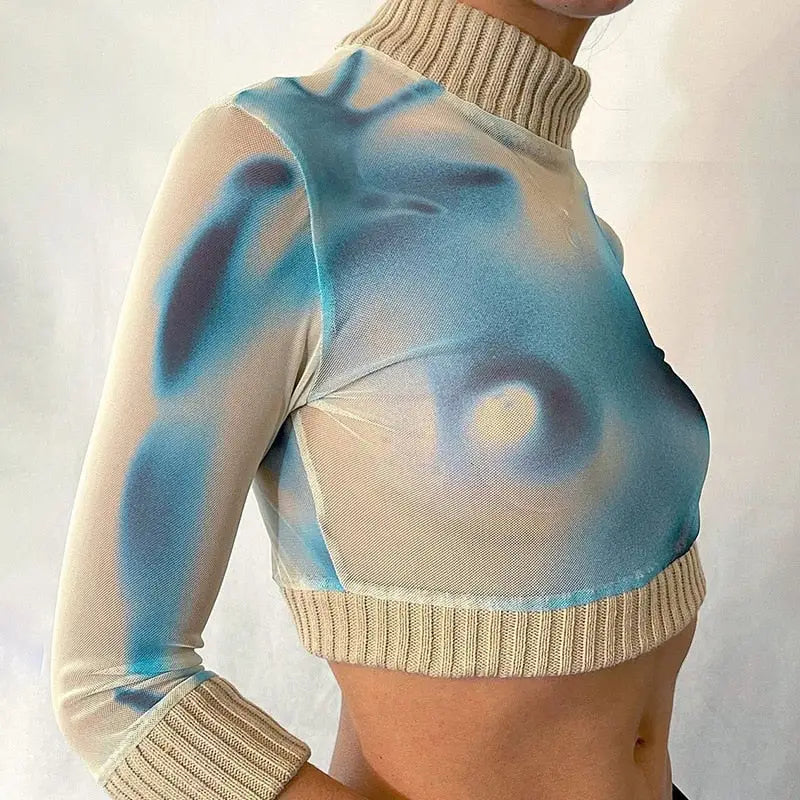 Tie Dyed Knitted Turtleneck Cropped Sweater Blue / S