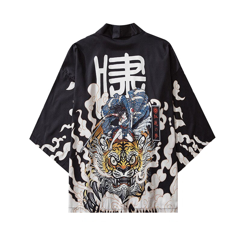Tiger & Samurai Girl 3/4 Sleeve Kimono - Black / M - KIMONO