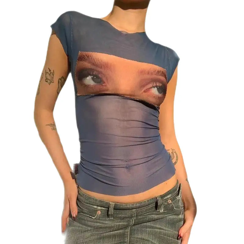 Top Printed With Funny Eyes In Aesthetic Mesh