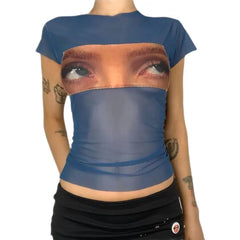 Top Printed With Funny Eyes In Aesthetic Mesh