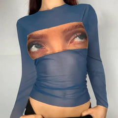 Top Printed With Funny Eyes In Aesthetic Mesh - Long Sleeve