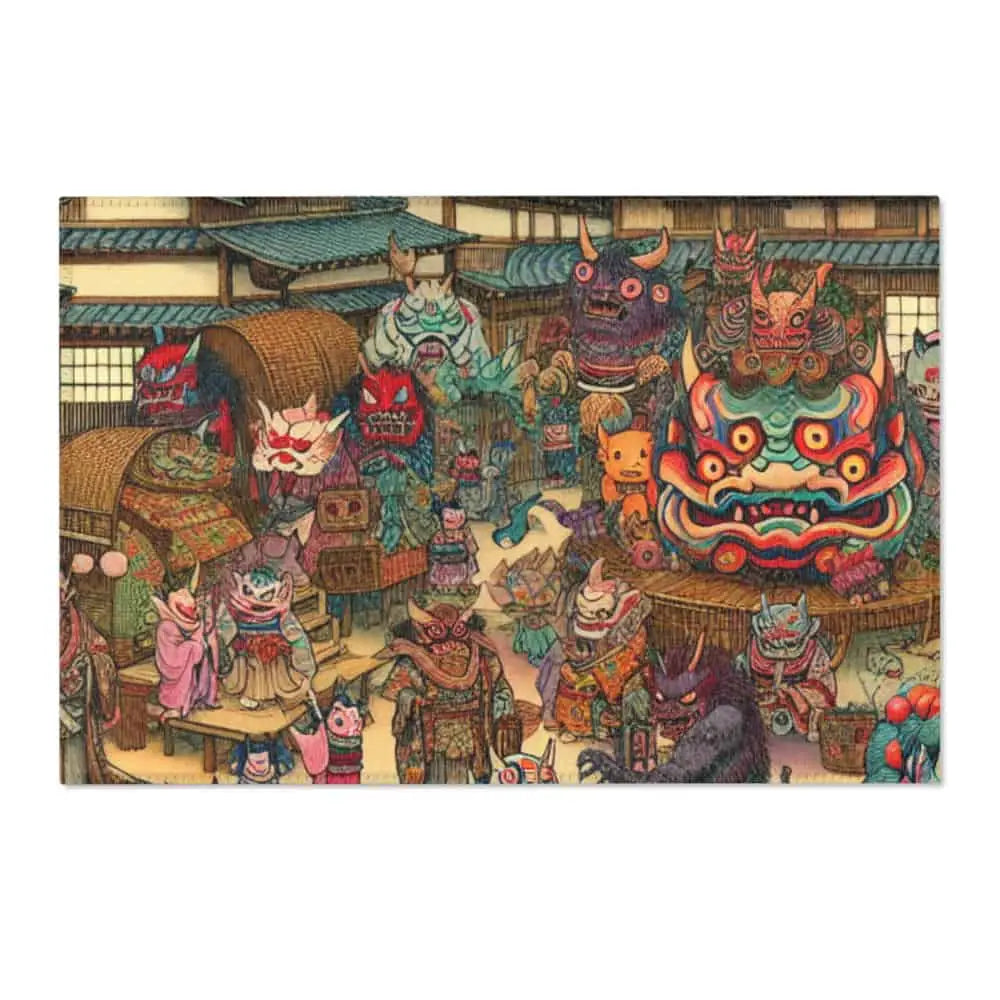 Traditional Japanese Area Rug with Yokai Folklore Design