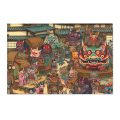 Traditional Japanese Area Rug with Yokai Folklore Design