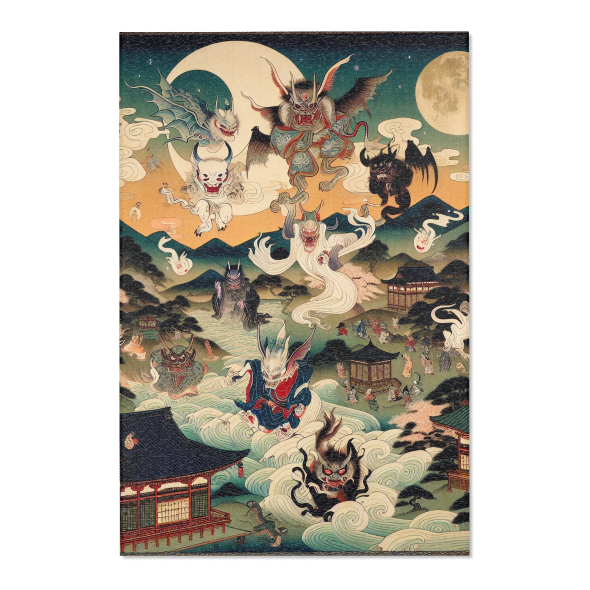 Traditional Japanese Yokai Area Rug Moonlit Edo Design 48’’