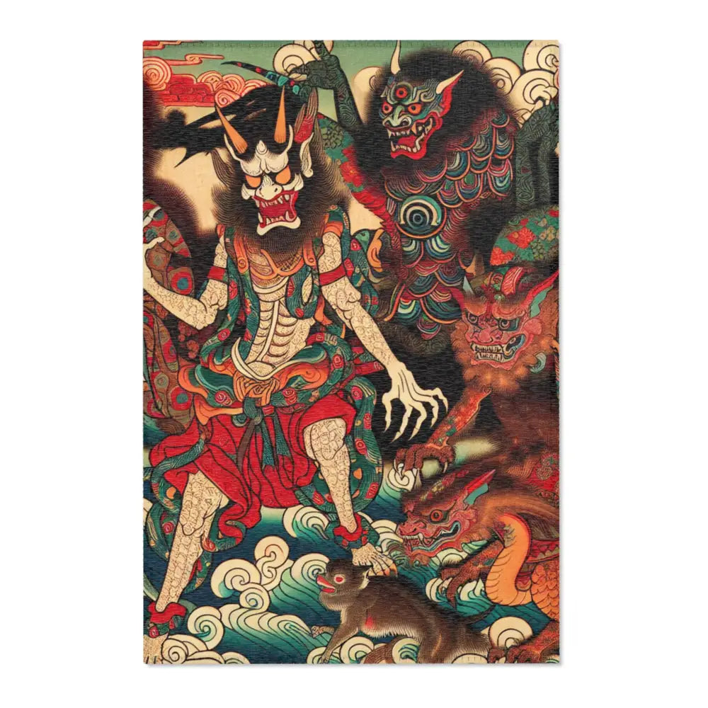Traditional Japanese Yokai Area Rug with Folklore Design