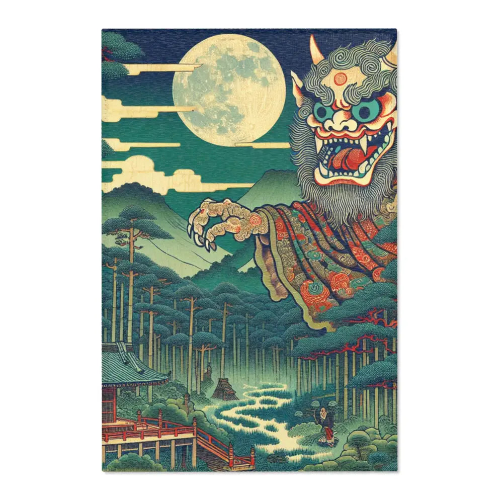 Traditional Japanese Yokai Area Rug with Temple Design 24’’