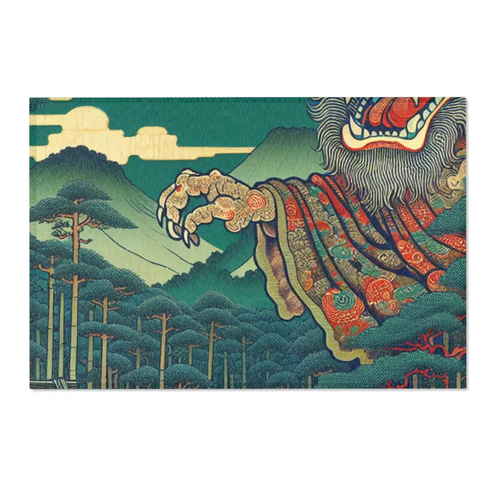 Traditional Japanese Yokai Area Rug with Temple Design 36’’