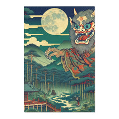 Traditional Japanese Yokai Area Rug with Temple Design 48’’