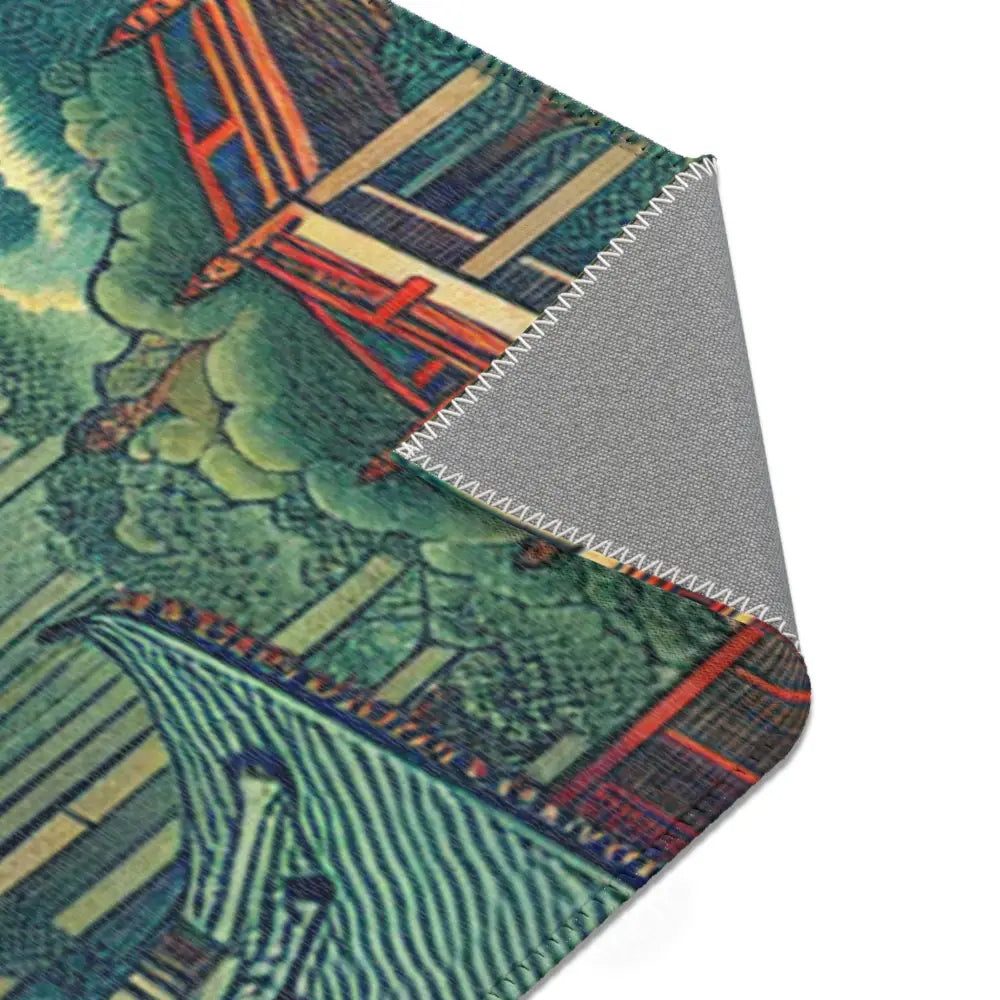 Traditional Japanese Yokai Area Rug with Temple Design