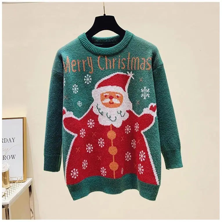 Tree and Santa Claus Loose O-neck Knit Pullover Sweater