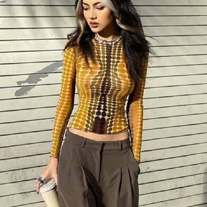 Trendy Polka Dot Yellow Long Sleeve Crop Top