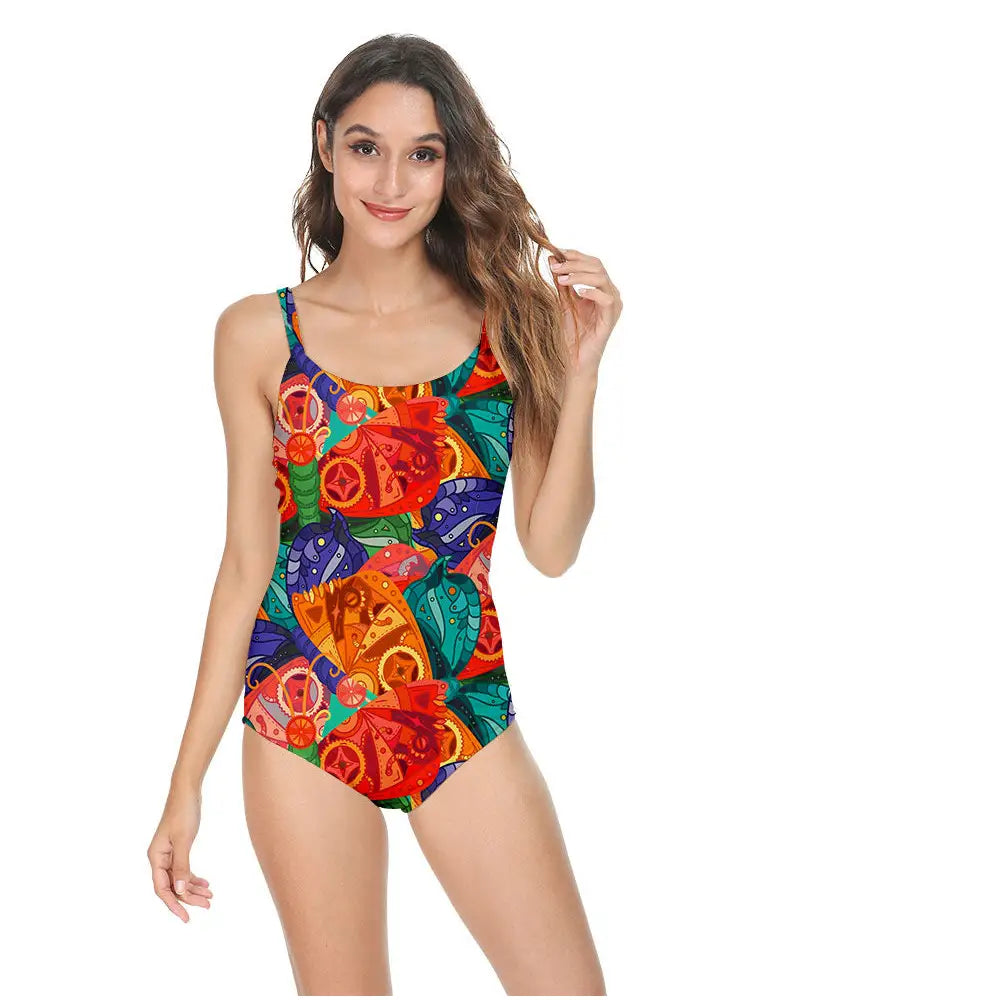 Tropical Mechanical Butterfly One-Piece Open Back Swimsuit