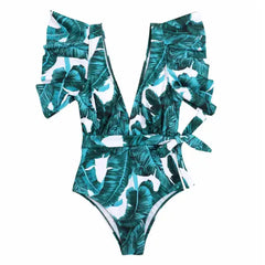 Tropical Palms Deep V-neck Swimsuits