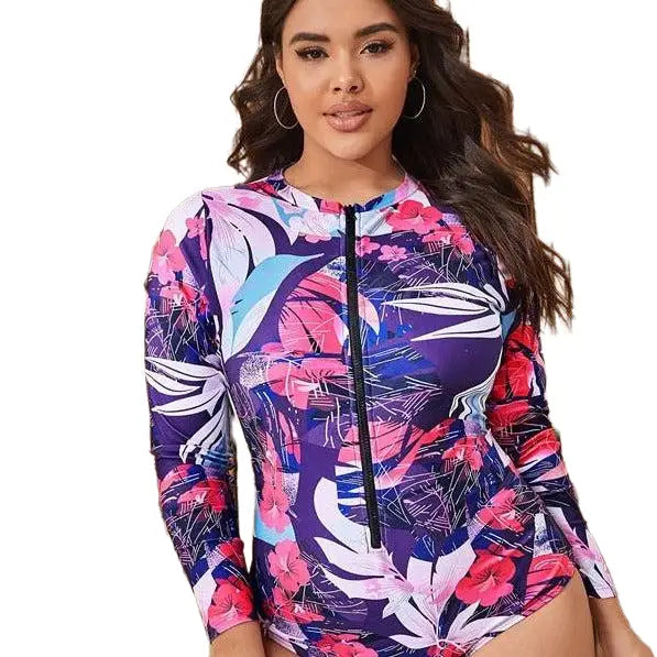 Tropical Plus Size Swimwear Zipper - Purple / L - Swimsuits