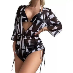 Tropical Print Long Sleeve 3 Piece Bikini