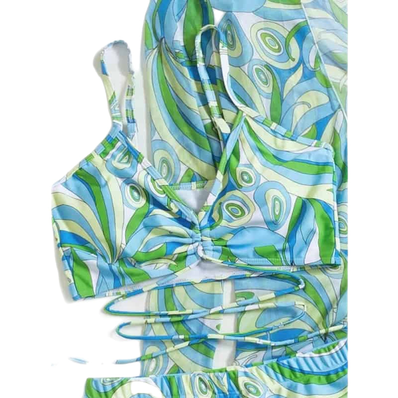 Tropical Allover Print Bikini 3pack Drawstring Ruched Cover