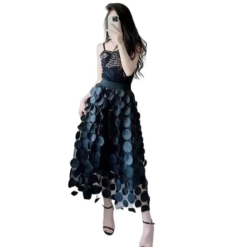 Tulle Long Mesh Skirt with Dot Elastic High Waist