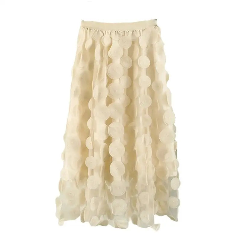 Tulle Long Mesh Skirt with Dot Elastic High Waist Apricot