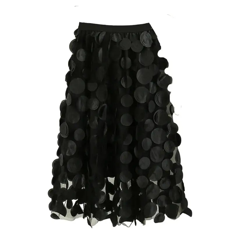 Tulle Long Mesh Skirt with Dot Elastic High Waist Black