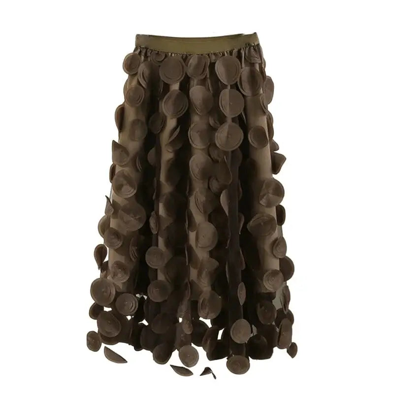 Tulle Long Mesh Skirt with Dot Elastic High Waist Brown