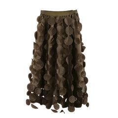 Tulle Long Mesh Skirt with Dot Elastic High Waist Brown