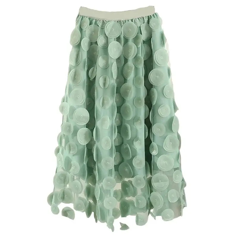 Tulle Long Mesh Skirt with Dot Elastic High Waist Green