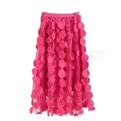 Tulle Long Mesh Skirt with Dot Elastic High Waist Pink
