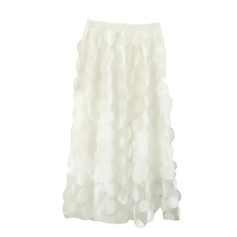 Tulle Long Mesh Skirt with Dot Elastic High Waist White