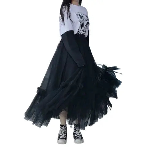 Tulle Pleated Korean Fashion Mesh Skirts - Black / One Size