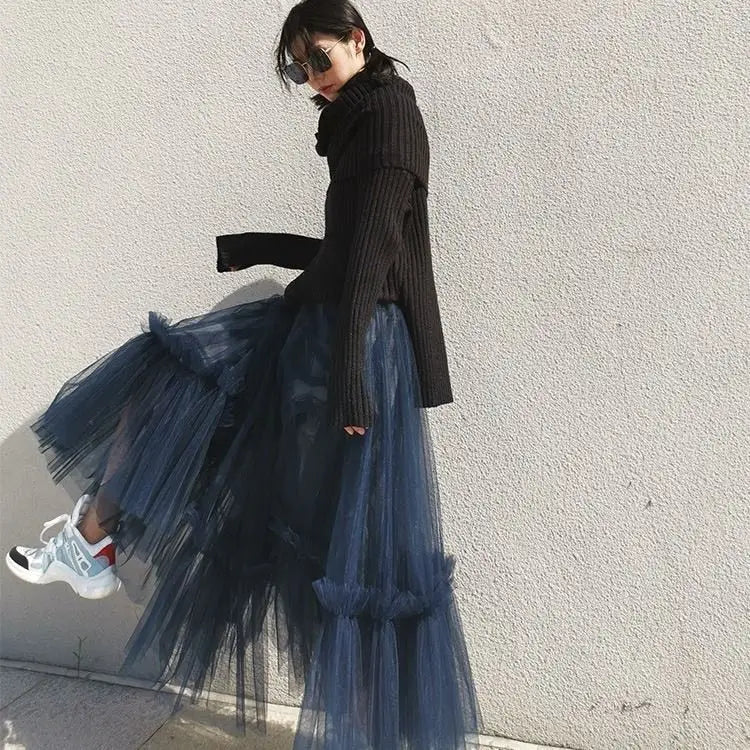 Tulle Pleated Korean Fashion Mesh Skirts - Dark-Blue