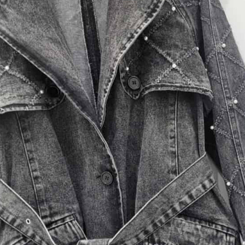 Turn Down Belt Denim Lapel Long Sleeve Trench Coat