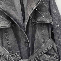 Turn Down Belt Denim Lapel Long Sleeve Trench Coat