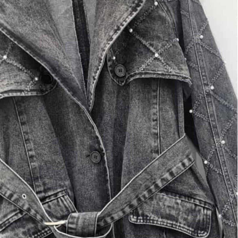 Turn Down Belt Denim Lapel Long Sleeve Trench Coat