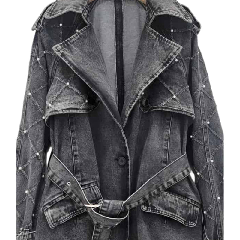 Turn Down Belt Denim Lapel Long Sleeve Trench Coat