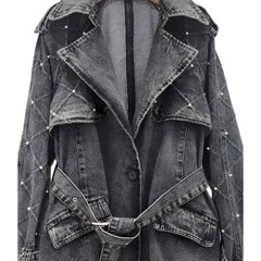 Turn Down Belt Denim Lapel Long Sleeve Trench Coat