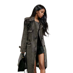 Turn Down Belt Denim Lapel Long Sleeve Trench Coat