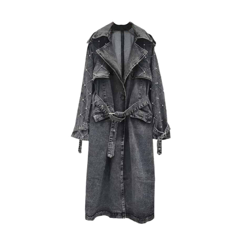 Turn Down Belt Denim Lapel Long Sleeve Trench Coat