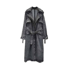 Turn Down Belt Denim Lapel Long Sleeve Trench Coat
