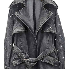 Turn Down Belt Denim Lapel Long Sleeve Trench Coat