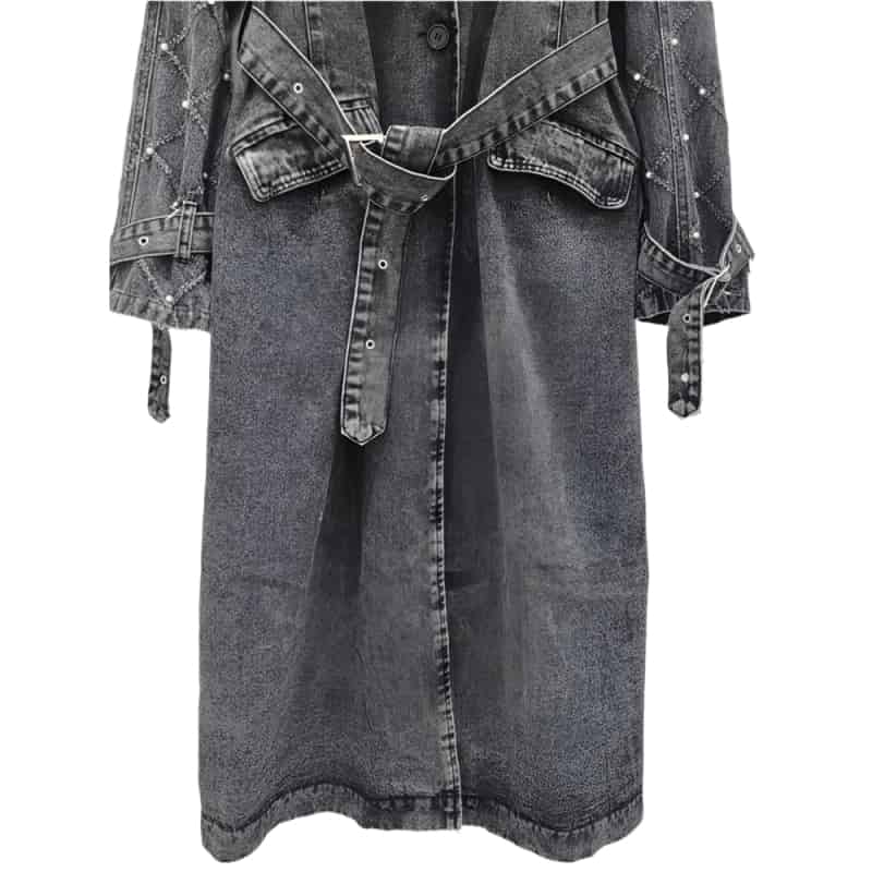 Turn Down Belt Denim Lapel Long Sleeve Trench Coat